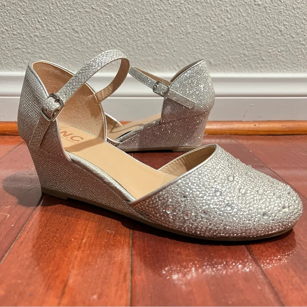 I.N.C. International Concepts Girls Sienna Silver Wedge Shoes Rhinestones
